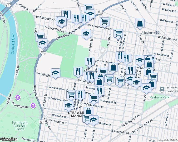 map of restaurants, bars, coffee shops, grocery stores, and more near 2766 North Dover Street in Philadelphia