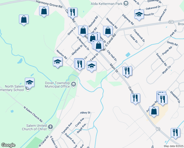 map of restaurants, bars, coffee shops, grocery stores, and more near 46 West Canal Street in Dover