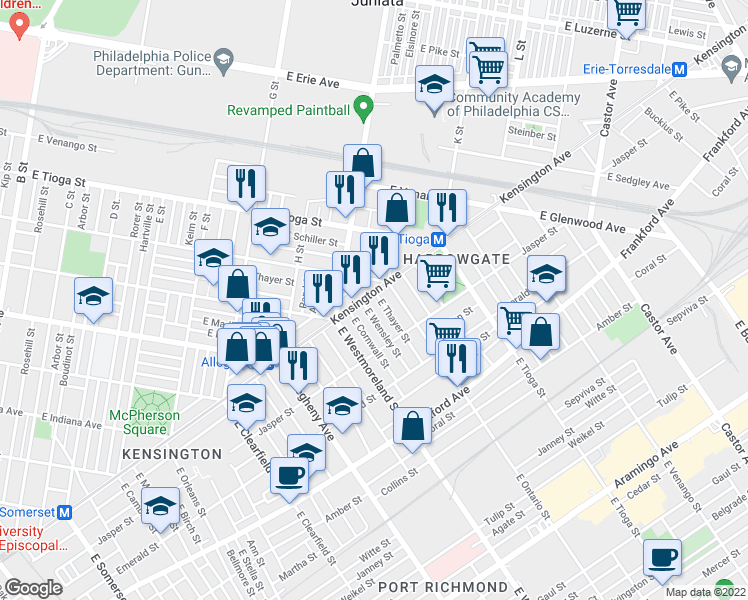 map of restaurants, bars, coffee shops, grocery stores, and more near 3349 Kensington Avenue in Philadelphia