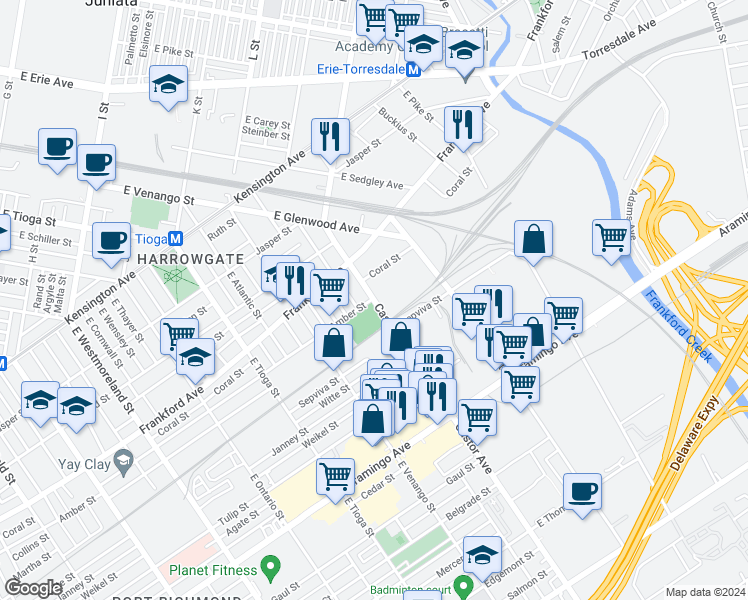 map of restaurants, bars, coffee shops, grocery stores, and more near 2100 Castor Avenue in Philadelphia