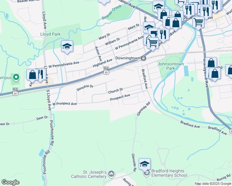 map of restaurants, bars, coffee shops, grocery stores, and more near 294 Church Street in Downingtown
