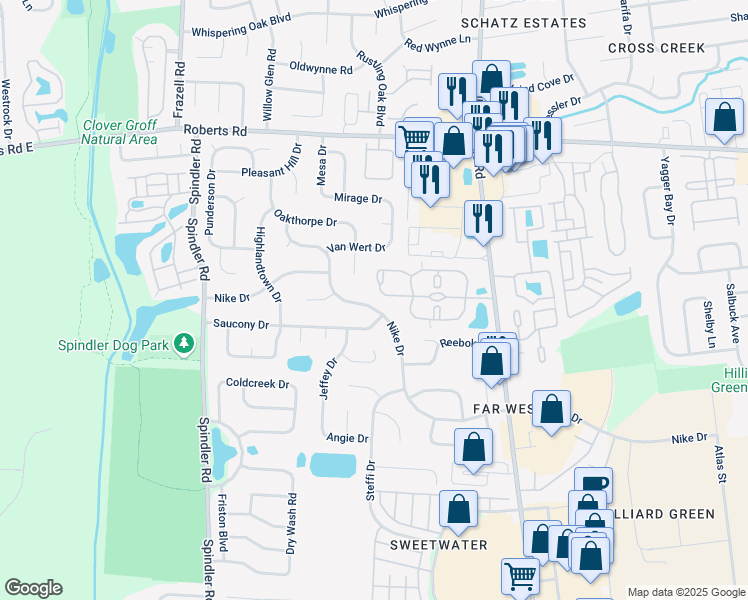 map of restaurants, bars, coffee shops, grocery stores, and more near 5663 Cabot Cove Drive in Columbus