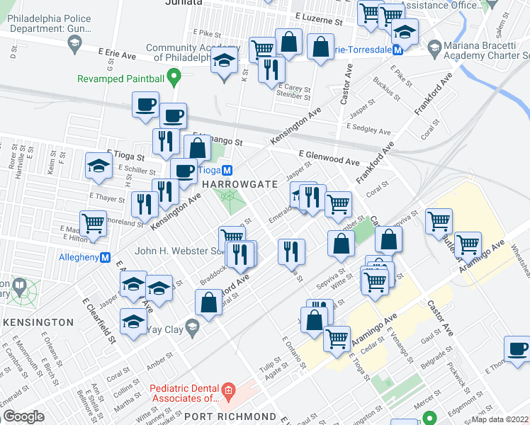 map of restaurants, bars, coffee shops, grocery stores, and more near 1932 Clarence Street in Philadelphia