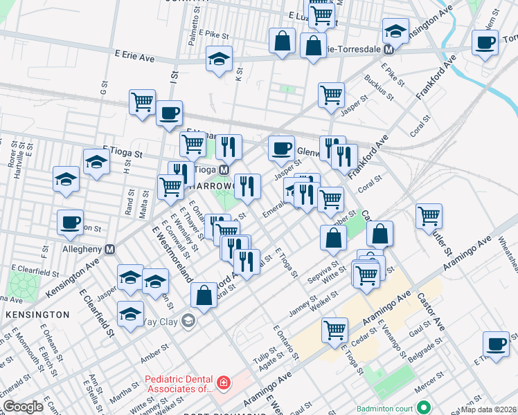 map of restaurants, bars, coffee shops, grocery stores, and more near 1923 East Atlantic Street in Philadelphia