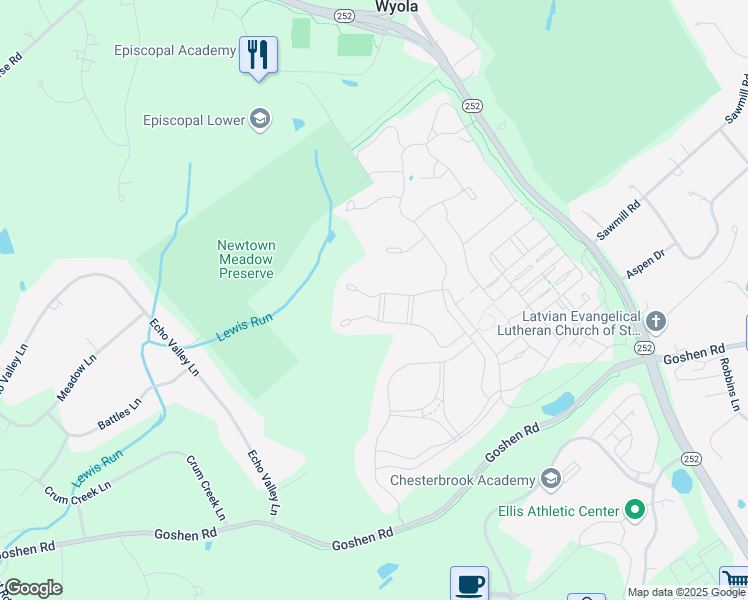 map of restaurants, bars, coffee shops, grocery stores, and more near 502 Twin Creek Lane in Newtown Square