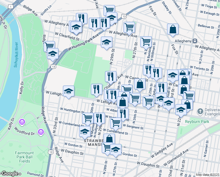 map of restaurants, bars, coffee shops, grocery stores, and more near 2766 North Dover Street in Philadelphia