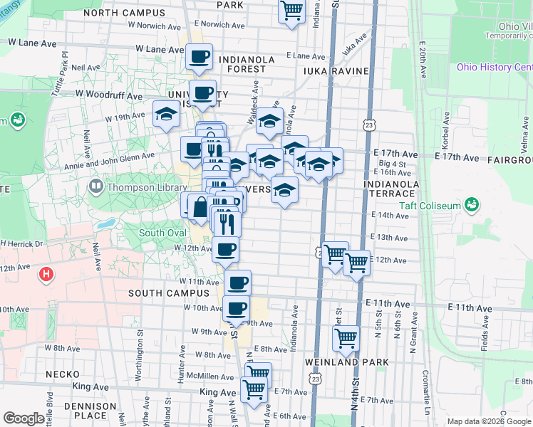 map of restaurants, bars, coffee shops, grocery stores, and more near 107 East 14th Avenue in Columbus
