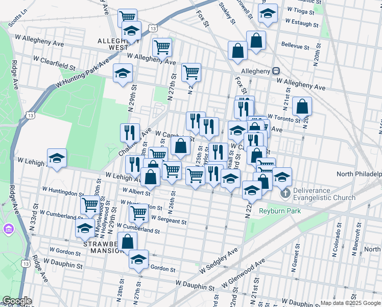 map of restaurants, bars, coffee shops, grocery stores, and more near 2824 North Stillman Street in Philadelphia