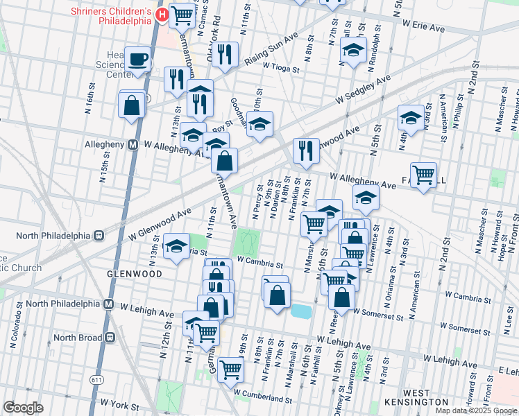 map of restaurants, bars, coffee shops, grocery stores, and more near 3047 North Percy Street in Philadelphia