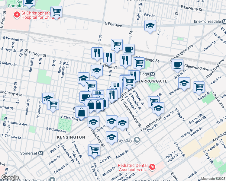 map of restaurants, bars, coffee shops, grocery stores, and more near 3322 Argyle Street in Philadelphia