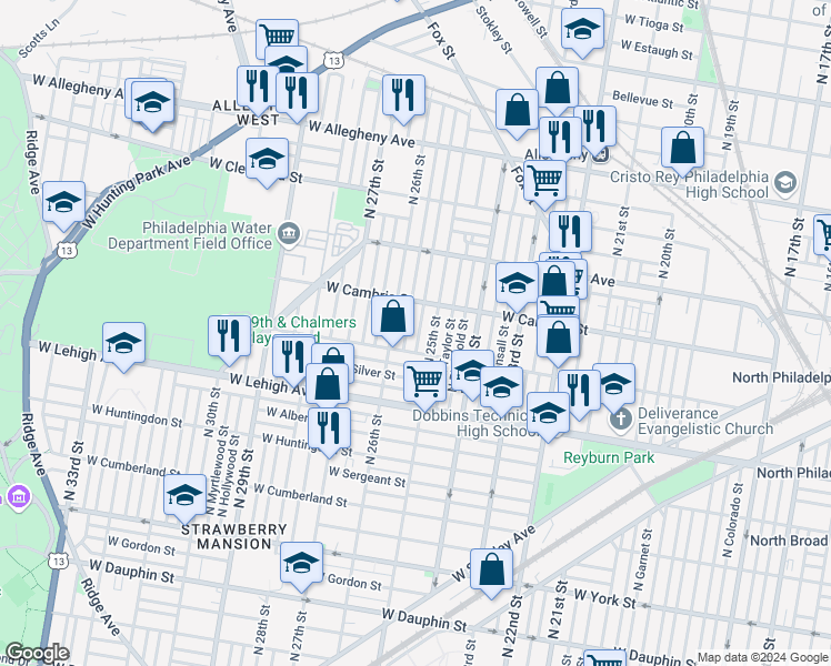 map of restaurants, bars, coffee shops, grocery stores, and more near 2824 North Stillman Street in Philadelphia