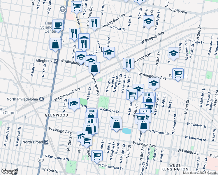 map of restaurants, bars, coffee shops, grocery stores, and more near 3047 North Percy Street in Philadelphia