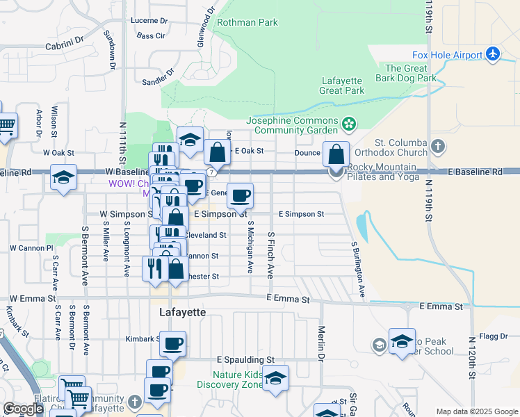map of restaurants, bars, coffee shops, grocery stores, and more near 410 East Geneseo Street in Lafayette