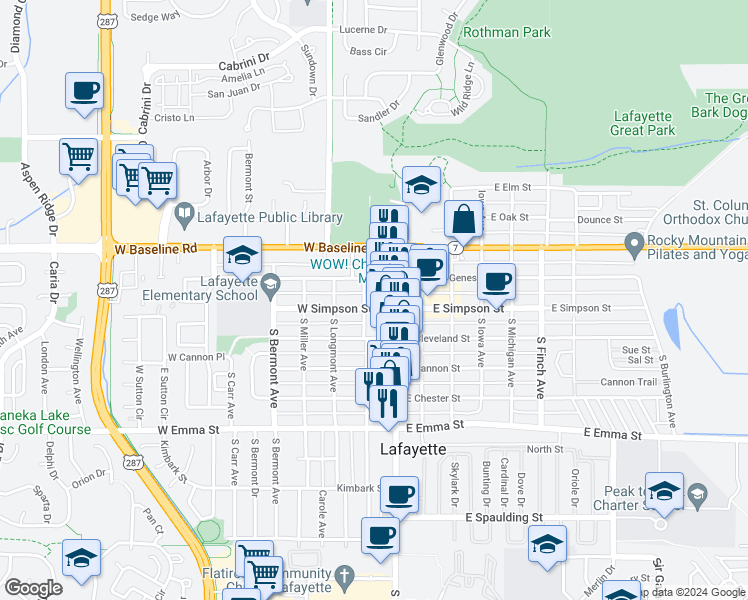 map of restaurants, bars, coffee shops, grocery stores, and more near 112 West Geneseo Street in Lafayette