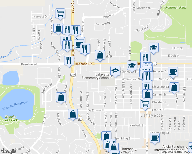 map of restaurants, bars, coffee shops, grocery stores, and more near 712 Geneseo Drive in Lafayette