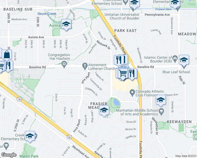 map of restaurants, bars, coffee shops, grocery stores, and more near 4475 Laguna Place in Boulder