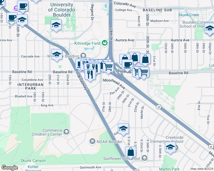 map of restaurants, bars, coffee shops, grocery stores, and more near in Boulder