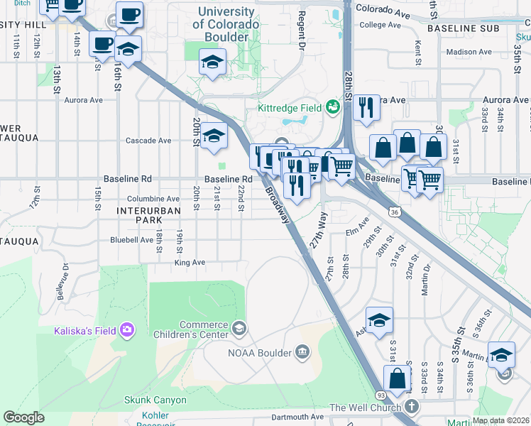 map of restaurants, bars, coffee shops, grocery stores, and more near 2236 Columbine Avenue in Boulder