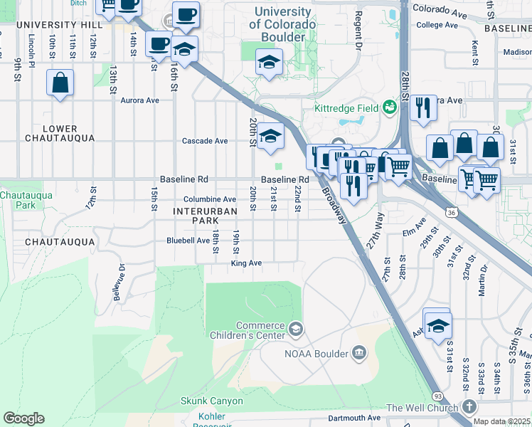 map of restaurants, bars, coffee shops, grocery stores, and more near 2030 Columbine Avenue in Boulder
