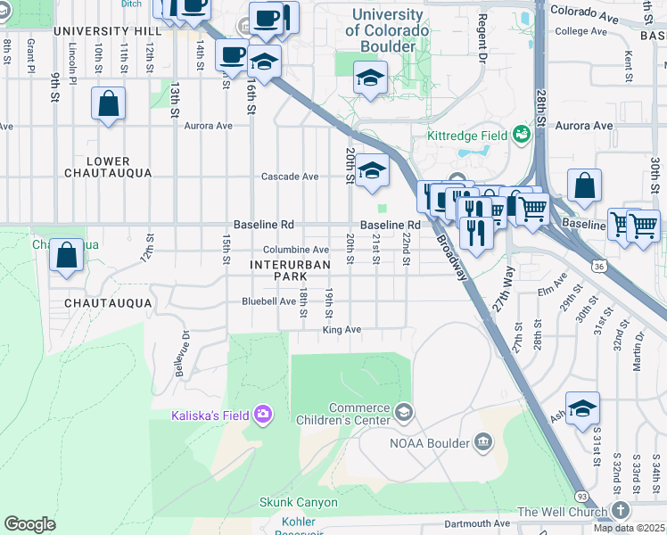 map of restaurants, bars, coffee shops, grocery stores, and more near 1904 Columbine Avenue in Boulder