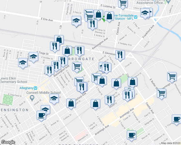 map of restaurants, bars, coffee shops, grocery stores, and more near 1923 East Atlantic Street in Philadelphia