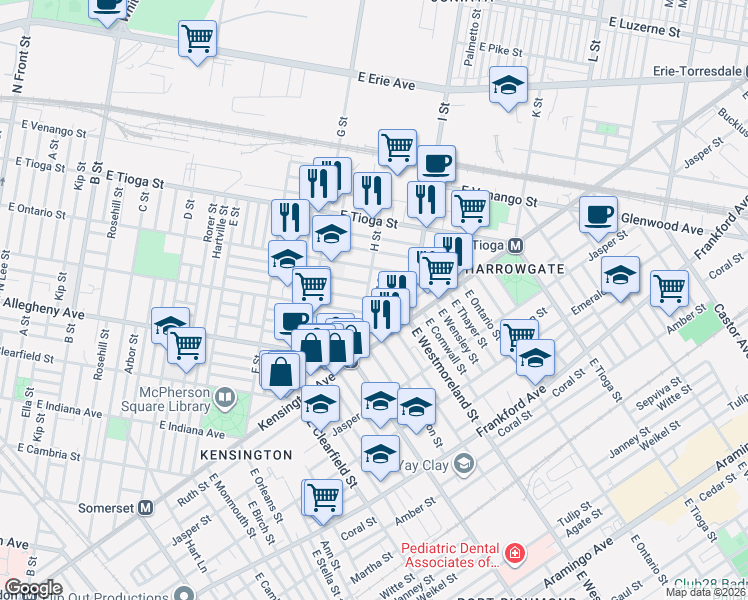 map of restaurants, bars, coffee shops, grocery stores, and more near 3347 H Street in Philadelphia