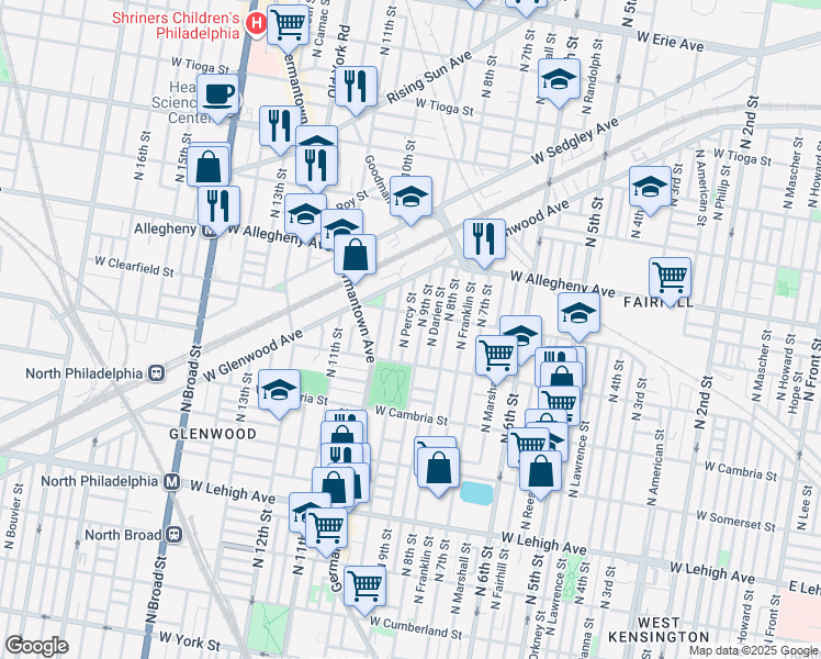 map of restaurants, bars, coffee shops, grocery stores, and more near 3068 North Percy Street in Philadelphia