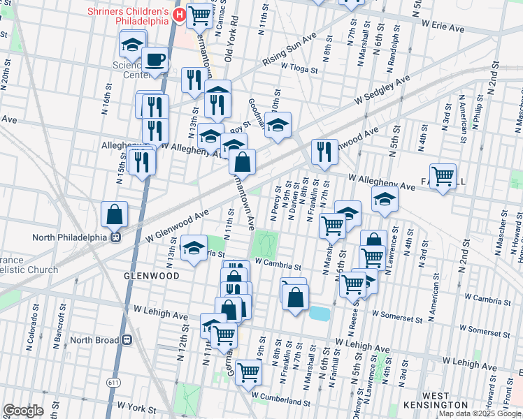 map of restaurants, bars, coffee shops, grocery stores, and more near 3041 North 10th Street in Philadelphia