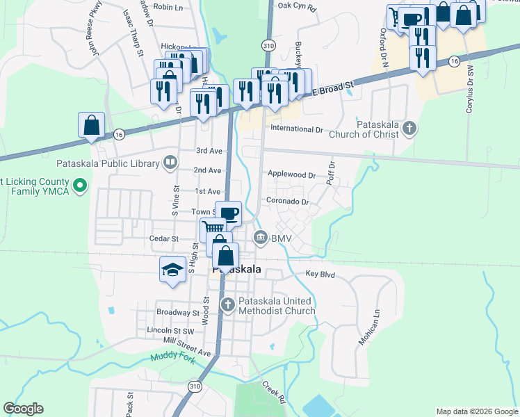 map of restaurants, bars, coffee shops, grocery stores, and more near 30 Coronado Drive in Pataskala