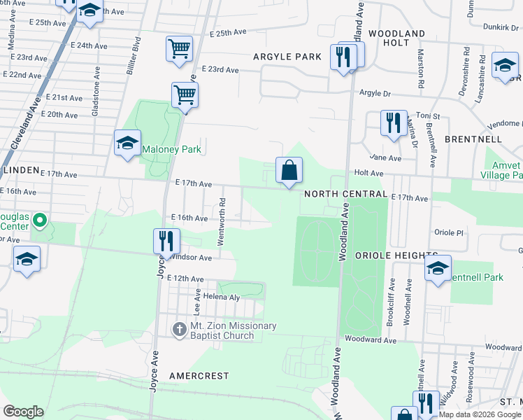 map of restaurants, bars, coffee shops, grocery stores, and more near 1550 Delbert Road in Columbus