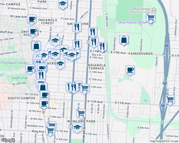 map of restaurants, bars, coffee shops, grocery stores, and more near in Columbus
