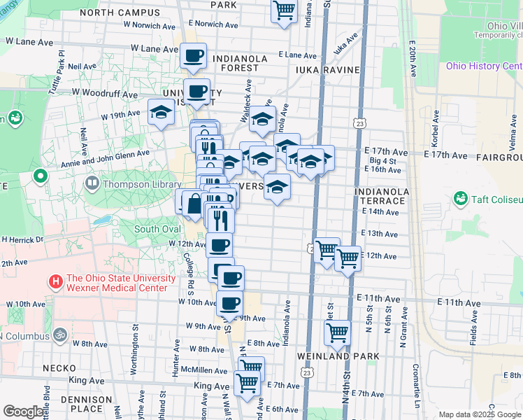 map of restaurants, bars, coffee shops, grocery stores, and more near in Columbus