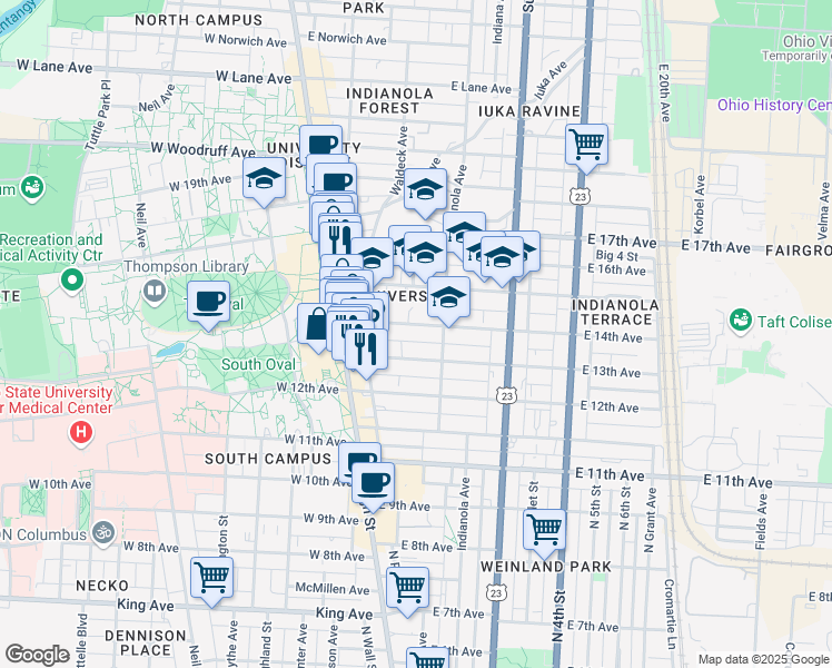 map of restaurants, bars, coffee shops, grocery stores, and more near 90 East 14th Avenue in Columbus