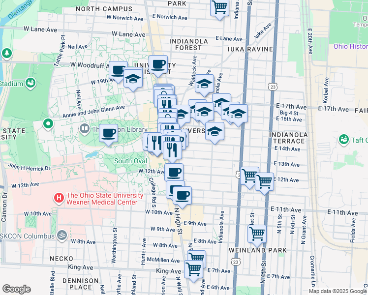 map of restaurants, bars, coffee shops, grocery stores, and more near in Columbus