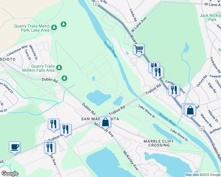 map of restaurants, bars, coffee shops, grocery stores, and more near 3136 Trabue Road in Columbus