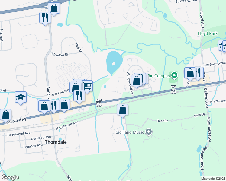 map of restaurants, bars, coffee shops, grocery stores, and more near 135 Ascot Court in Downingtown