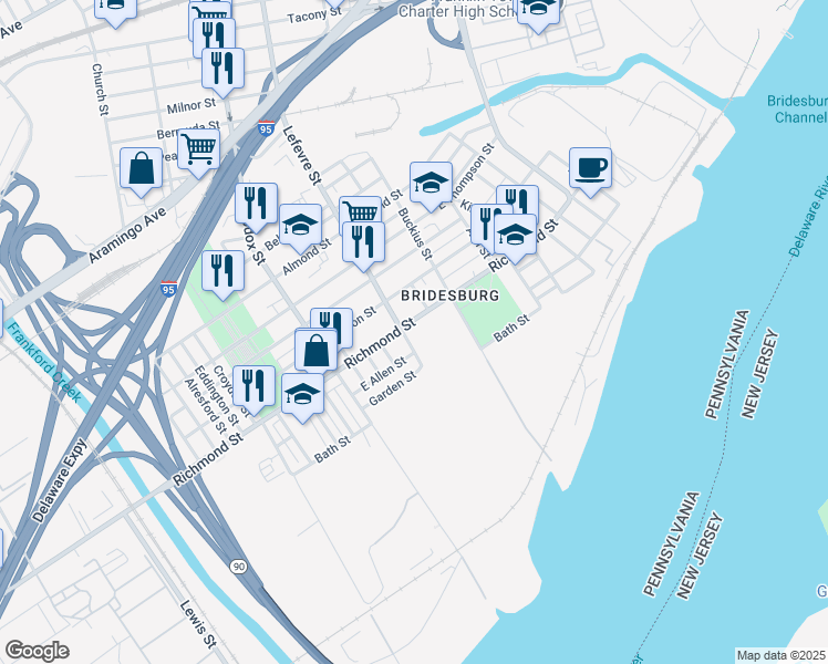 map of restaurants, bars, coffee shops, grocery stores, and more near 4501 Richmond Street in Philadelphia