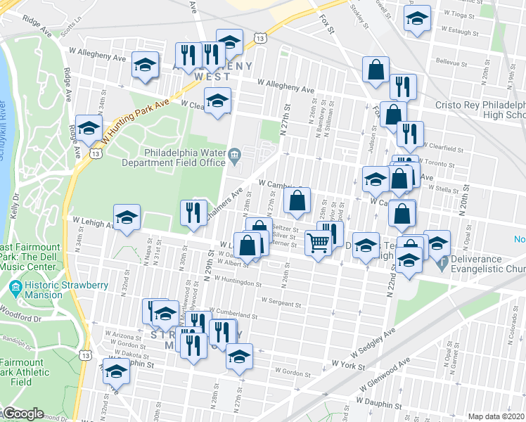 map of restaurants, bars, coffee shops, grocery stores, and more near 2711 West Somerset Street in Philadelphia