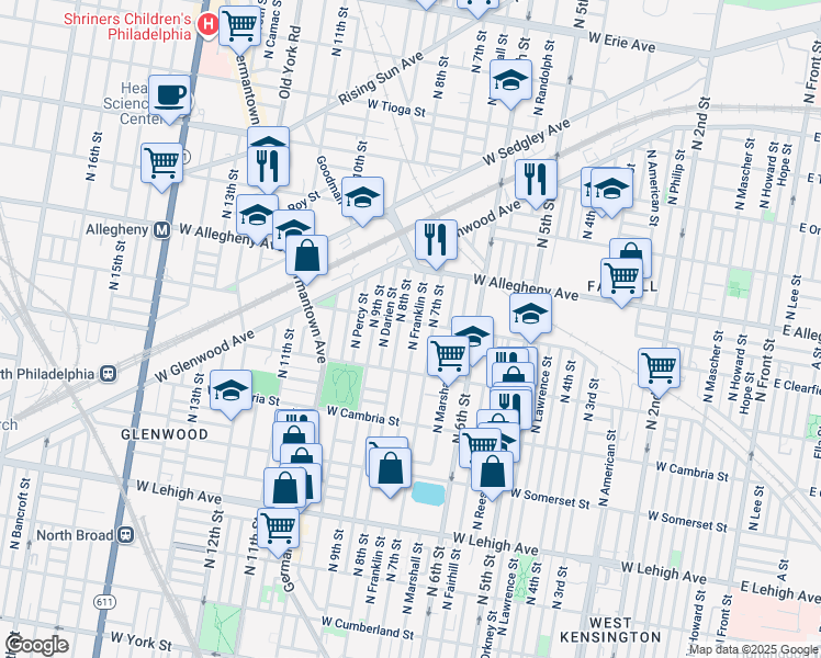 map of restaurants, bars, coffee shops, grocery stores, and more near 3052 North Franklin Street in Philadelphia