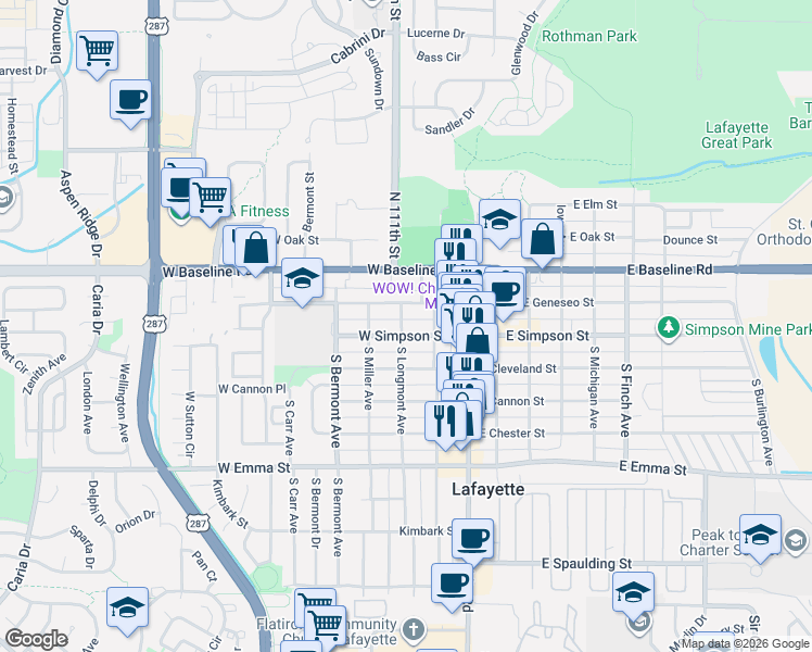 map of restaurants, bars, coffee shops, grocery stores, and more near 210 North Longmont Avenue in Lafayette