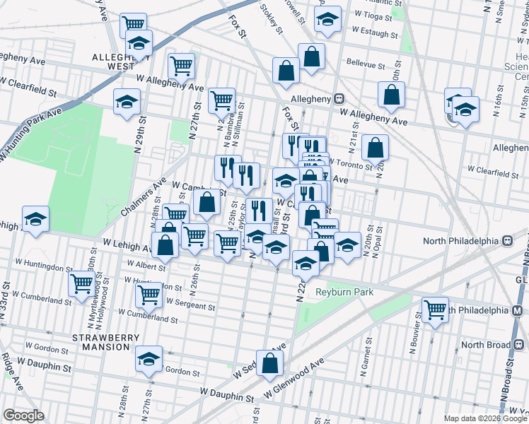 map of restaurants, bars, coffee shops, grocery stores, and more near 2863 North Judson Street in Philadelphia