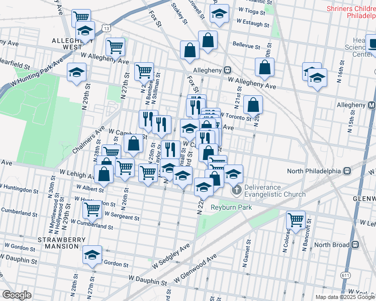 map of restaurants, bars, coffee shops, grocery stores, and more near 2822 North 23rd Street in Philadelphia