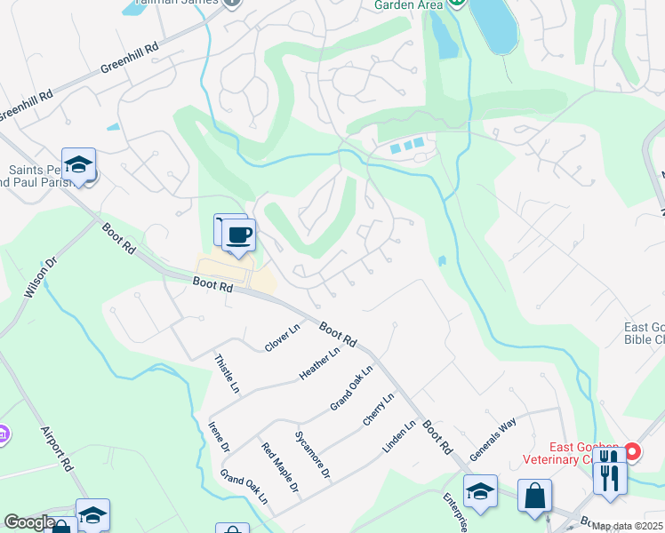 map of restaurants, bars, coffee shops, grocery stores, and more near 1325 Robynwood Lane in West Chester