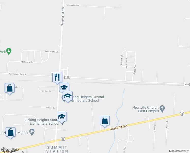 map of restaurants, bars, coffee shops, grocery stores, and more near 13650 Cleveland Rd SW in Pataskala