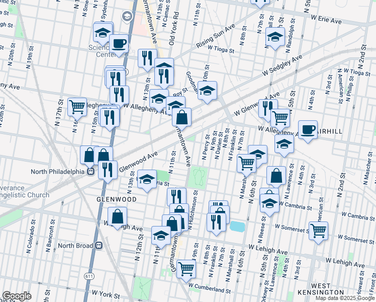 map of restaurants, bars, coffee shops, grocery stores, and more near 3035 Germantown Avenue in Philadelphia