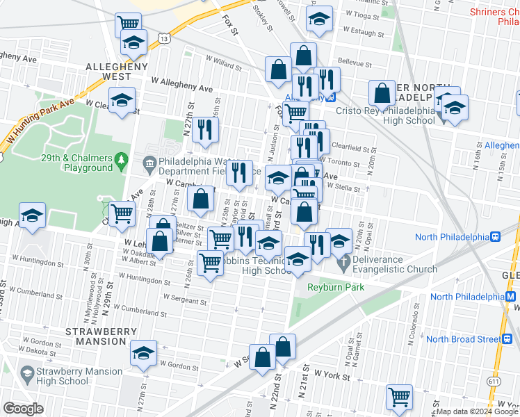 map of restaurants, bars, coffee shops, grocery stores, and more near 2838 Judson Street in Philadelphia