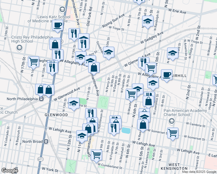 map of restaurants, bars, coffee shops, grocery stores, and more near 3049 North Percy Street in Philadelphia