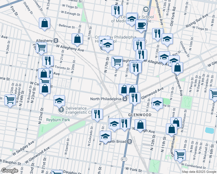 map of restaurants, bars, coffee shops, grocery stores, and more near 1615 West Indiana Avenue in Philadelphia