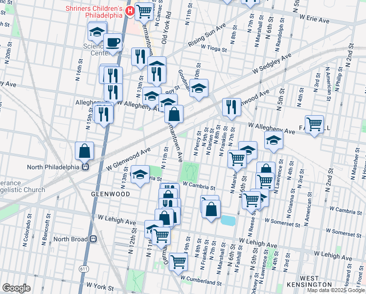 map of restaurants, bars, coffee shops, grocery stores, and more near 3040 North 10th Street in Philadelphia