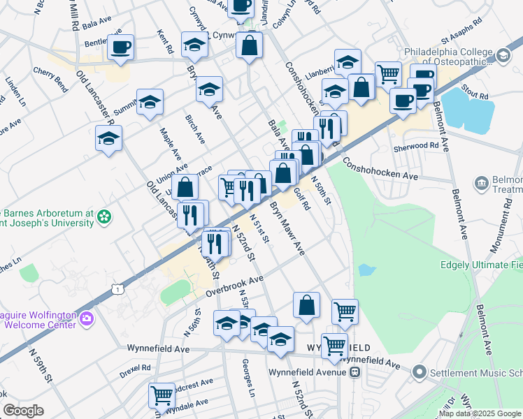 map of restaurants, bars, coffee shops, grocery stores, and more near in Bala Cynwyd
